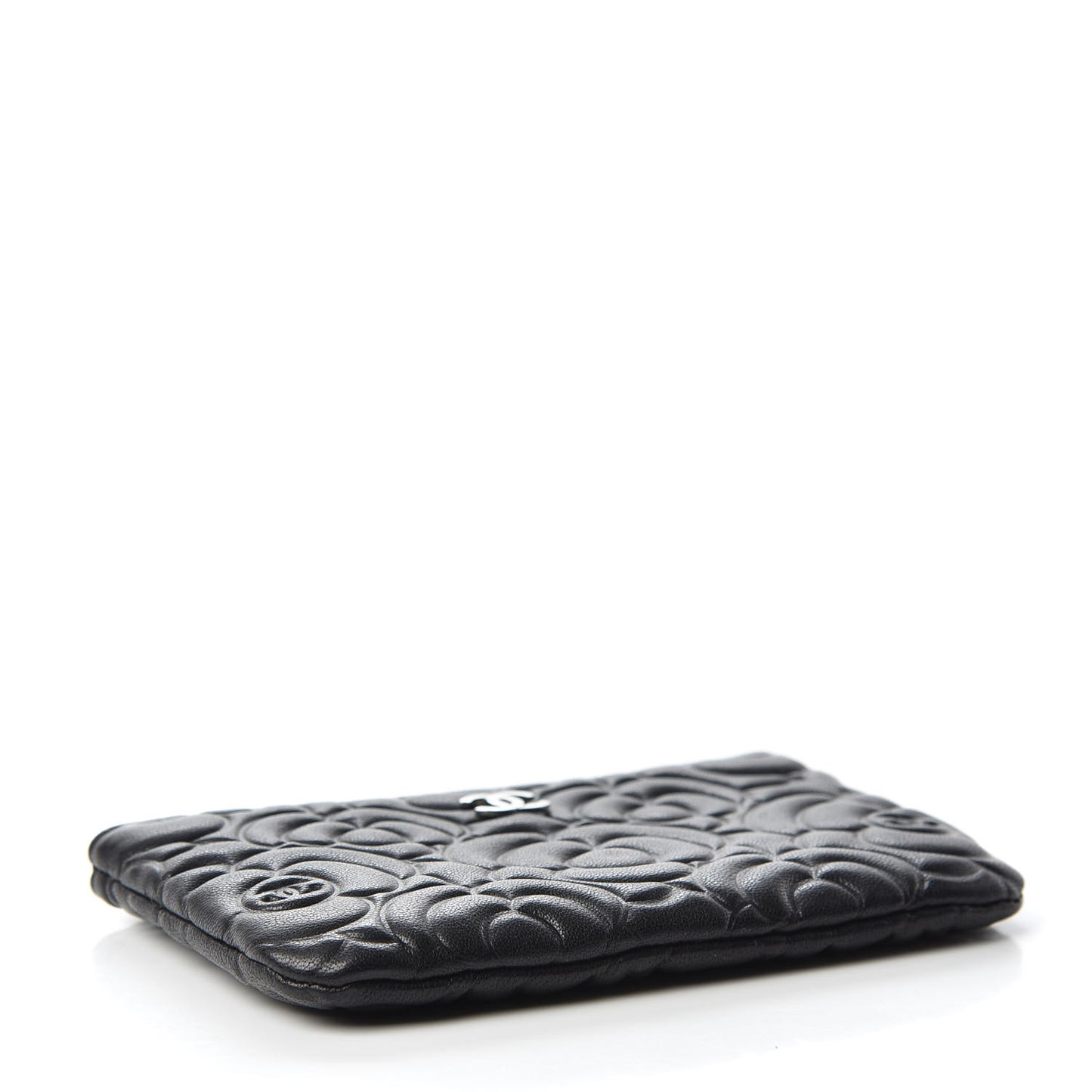 Goatskin Camellia Embossed Cosmetic Pouch Black