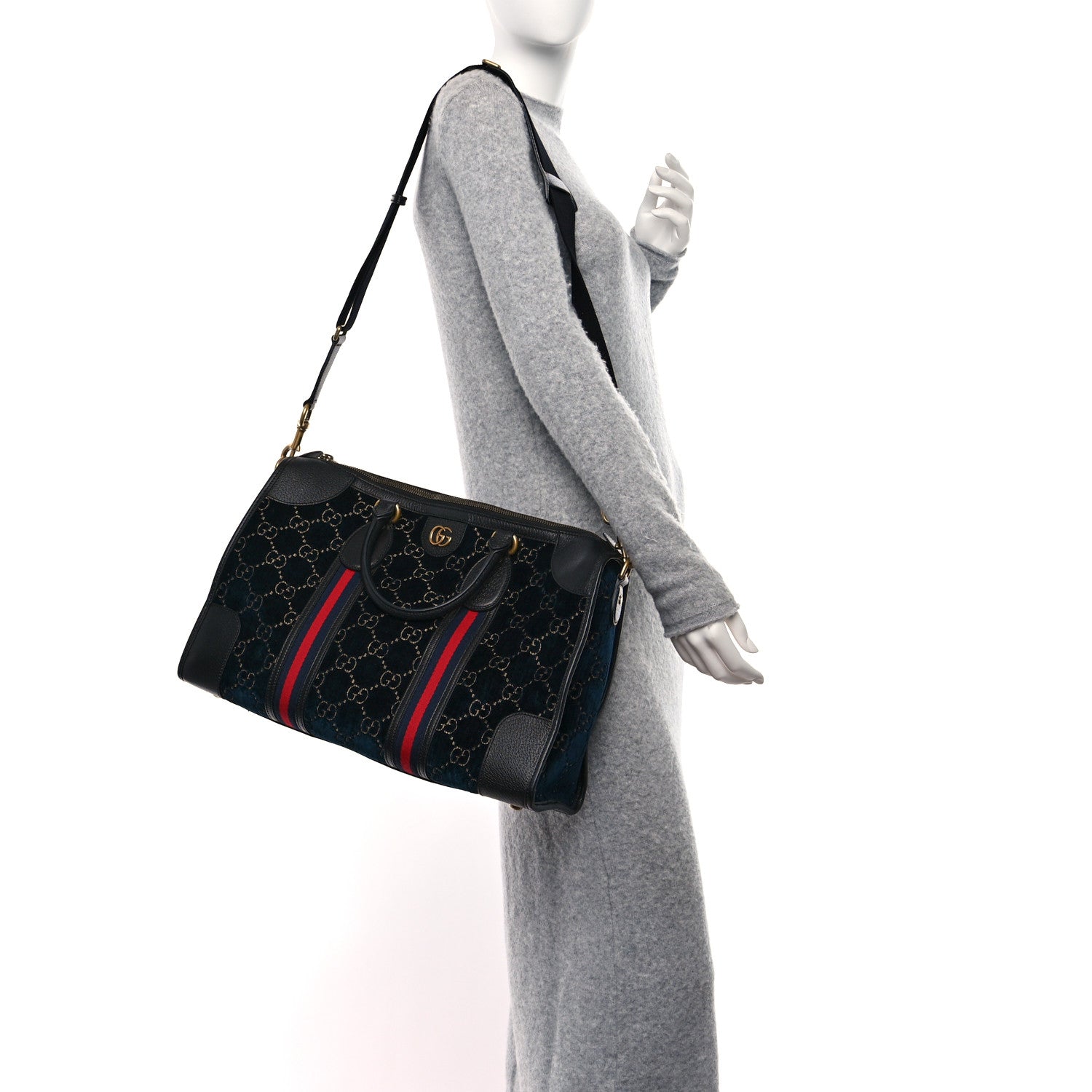 Gucci Velvet GG Monogram Textured Calfskin Web Medium Duffle Bag Blue Beige Black 2 of 9