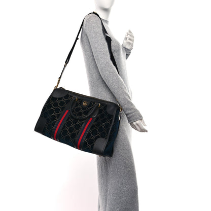 Gucci Velvet GG Monogram Textured Calfskin Web Medium Duffle Bag Blue Beige Black 2 of 9