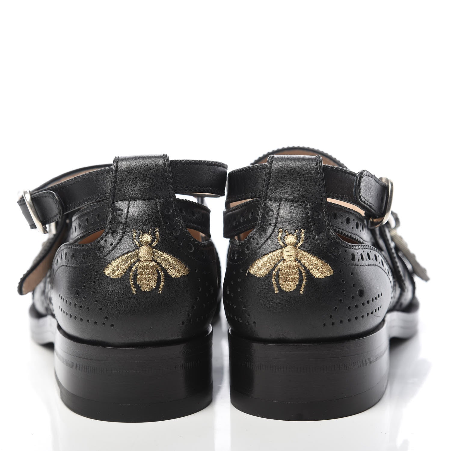 Gucci Calfskin Bee Embroidered Womens Queercore Brogue Wingtip Monk Strap Loafers 38 Black 5 of 9