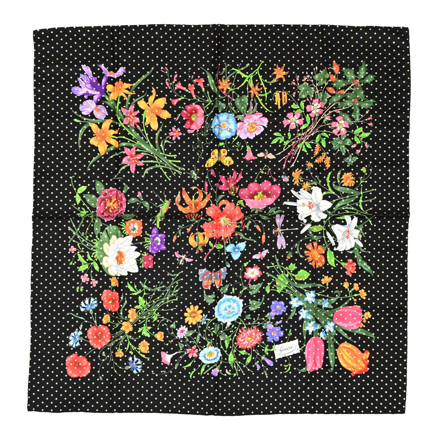 Silk Twill Flora Stars Square Scarf Black