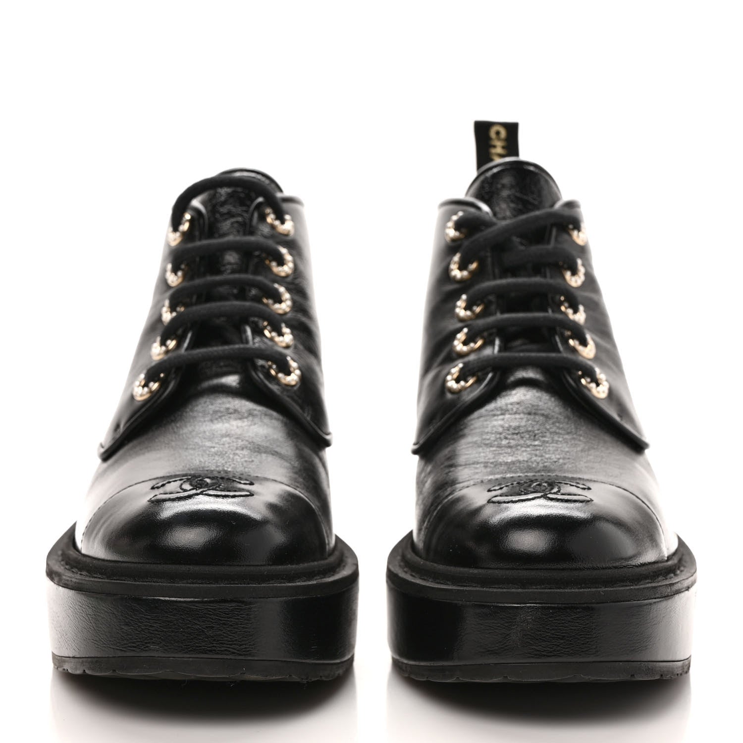 Chanel Shiny Calfskin Pearl Lace Up Combat Short Boots 37.5 Black 2 of 10