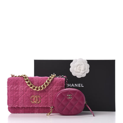 Chanel Wool Tweed Lambskin Quilted 19 Wallet On Chain WOC and Coin Purse Fuchsia 13 of 14