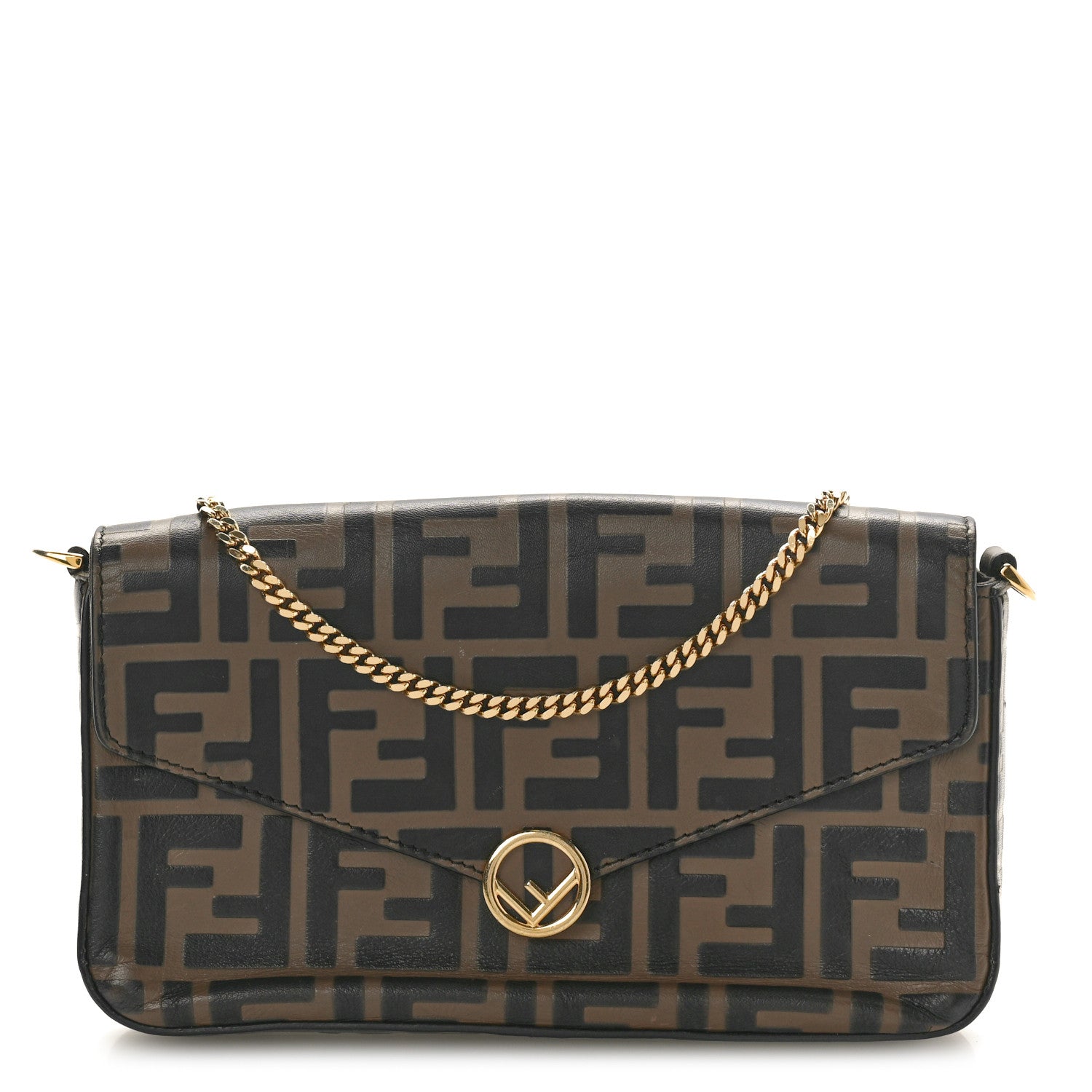 Fendi Vitello Soft F is Fendi Bi-Color FF 1974 Embossed Envelope Wallet On Chain with Pouches Maya Black 1 of 12
