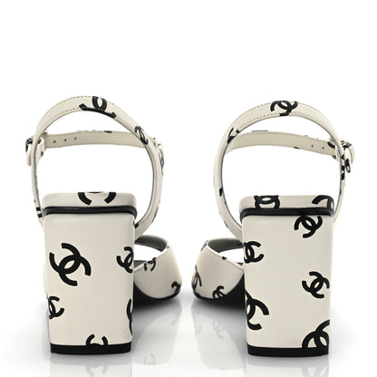 Chanel Printed Lambskin CC Sandals 37 White Black 6 of 15