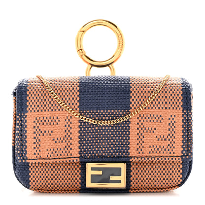Fendi Raffia Pequin Gingham Woven Nano Baguette Charm Blue Ruggine 1 of 9