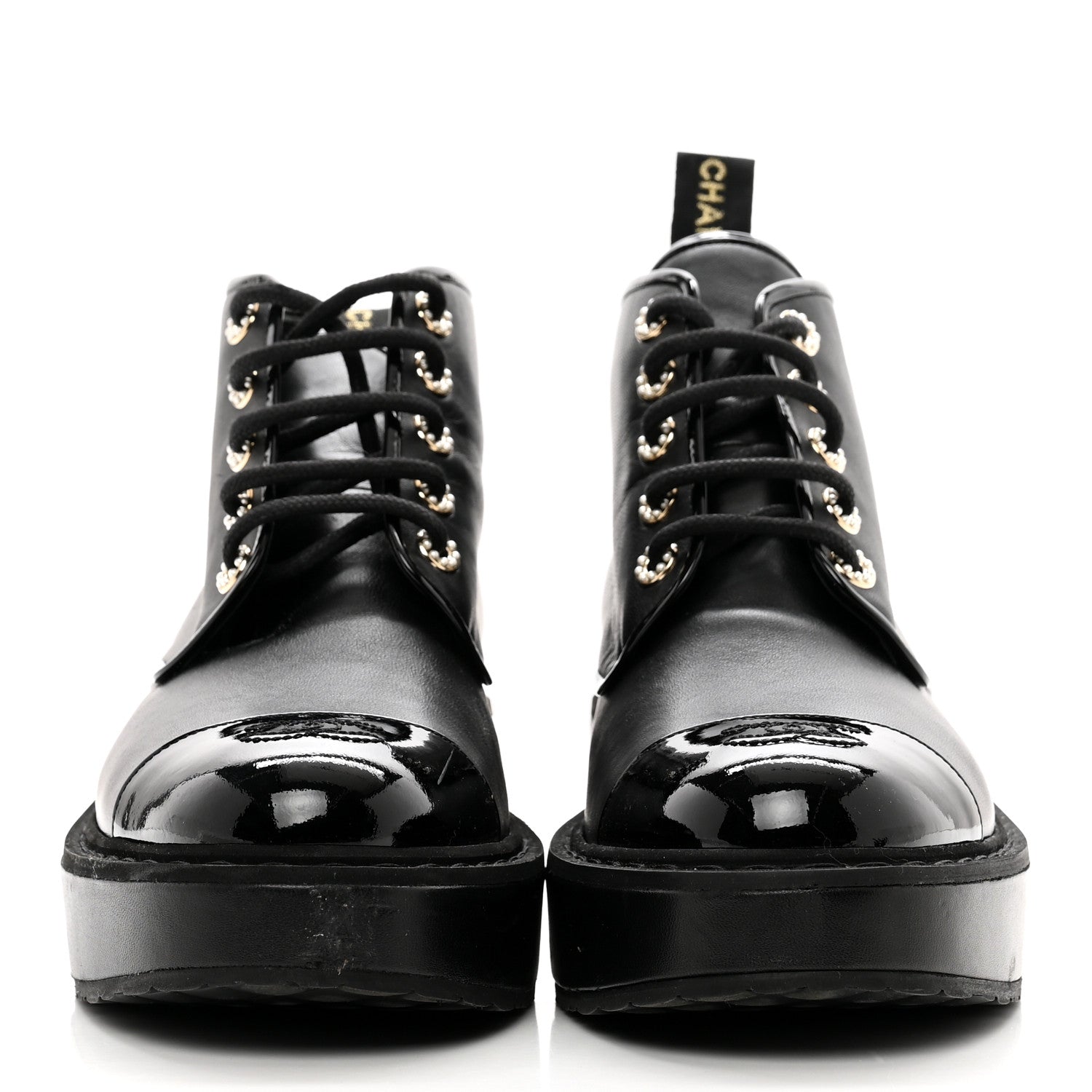 Chanel Shiny Calfskin Pearl Lace Up Combat Short Boots 41 Black 2 of 8
