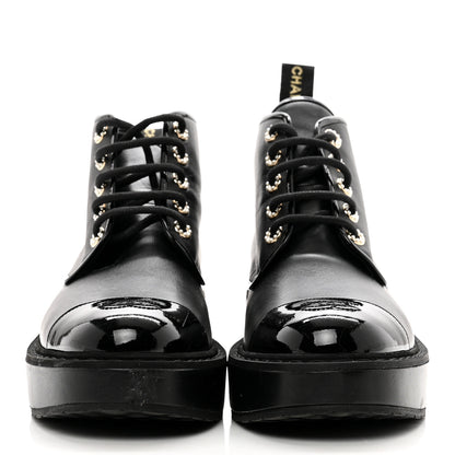 Chanel Shiny Calfskin Pearl Lace Up Combat Short Boots 41 Black 2 of 8