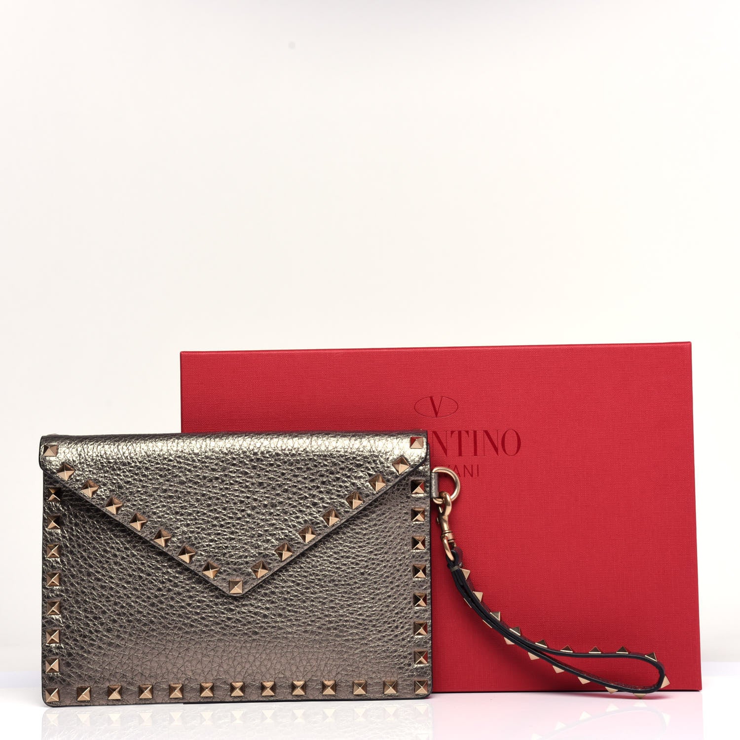 Valentino Garavani Metallic Pebbled Calfskin Medium Rockstud Envelope Flat Wristlet Pouch Sasso 7 of 7