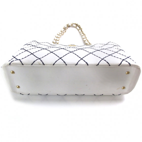 Lambskin Contrast Stitch Tote White