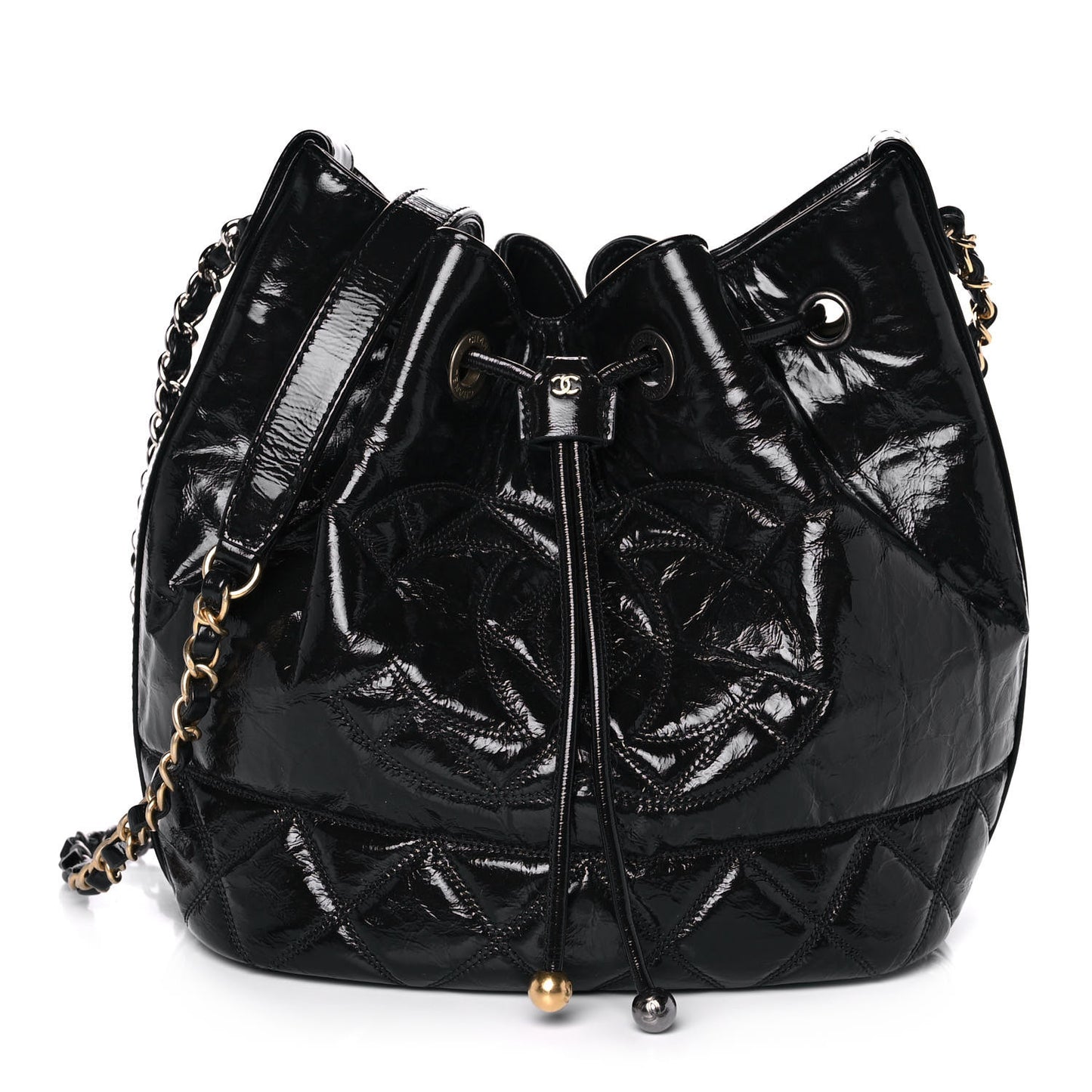 Shiny Aged Calfskin CC Chain Drawstring Bag Black