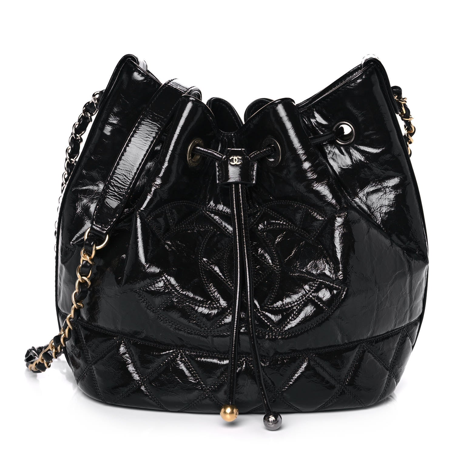 Chanel Shiny Aged Calfskin CC Chain Drawstring Bag Black 1 of 12