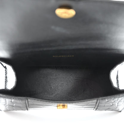 Balenciaga Shiny Calfskin Crocodile Embossed Hourglass Top Handle Bag XS Black 5 of 11