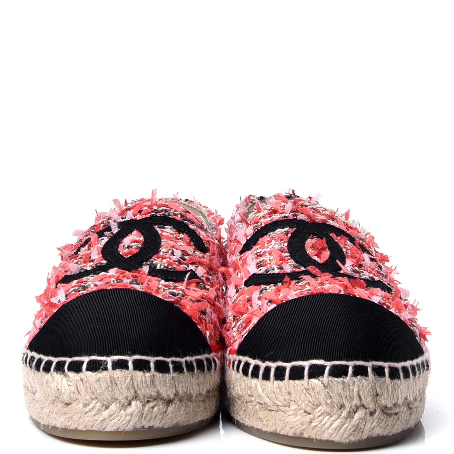 Chanel Tweed Grosgrain CC Espadrilles 37 Coral Red Pink Black 2 of 6