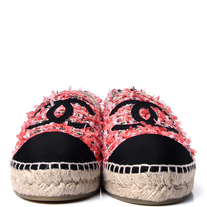 Chanel Tweed Grosgrain CC Espadrilles 37 Coral Red Pink Black 2 of 6