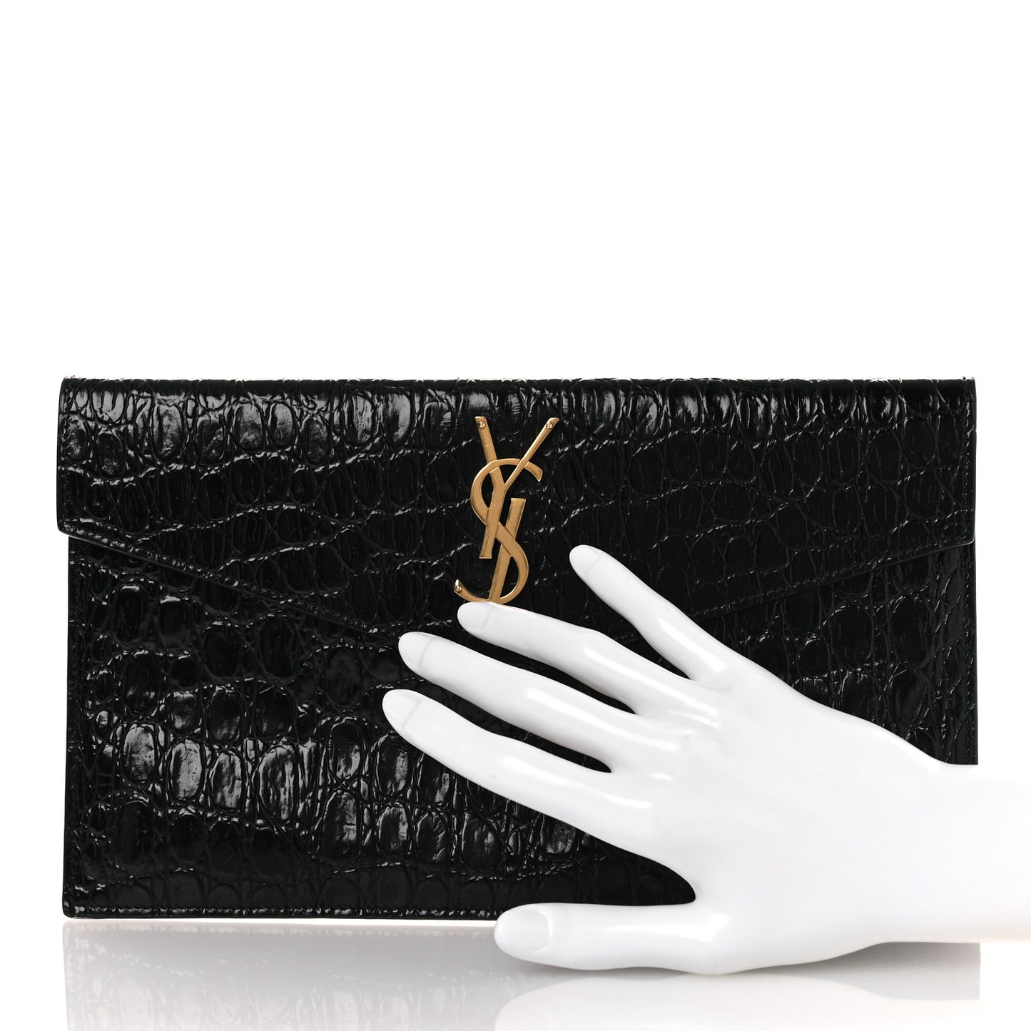 Calfskin Crocodile Embossed Uptown Monogram Clutch Black