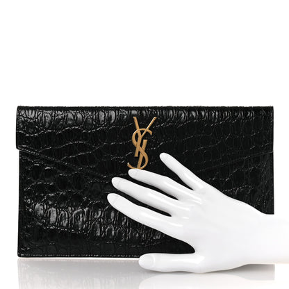 Saint Laurent Calfskin Crocodile Embossed Uptown Monogram Clutch Black 2 of 8