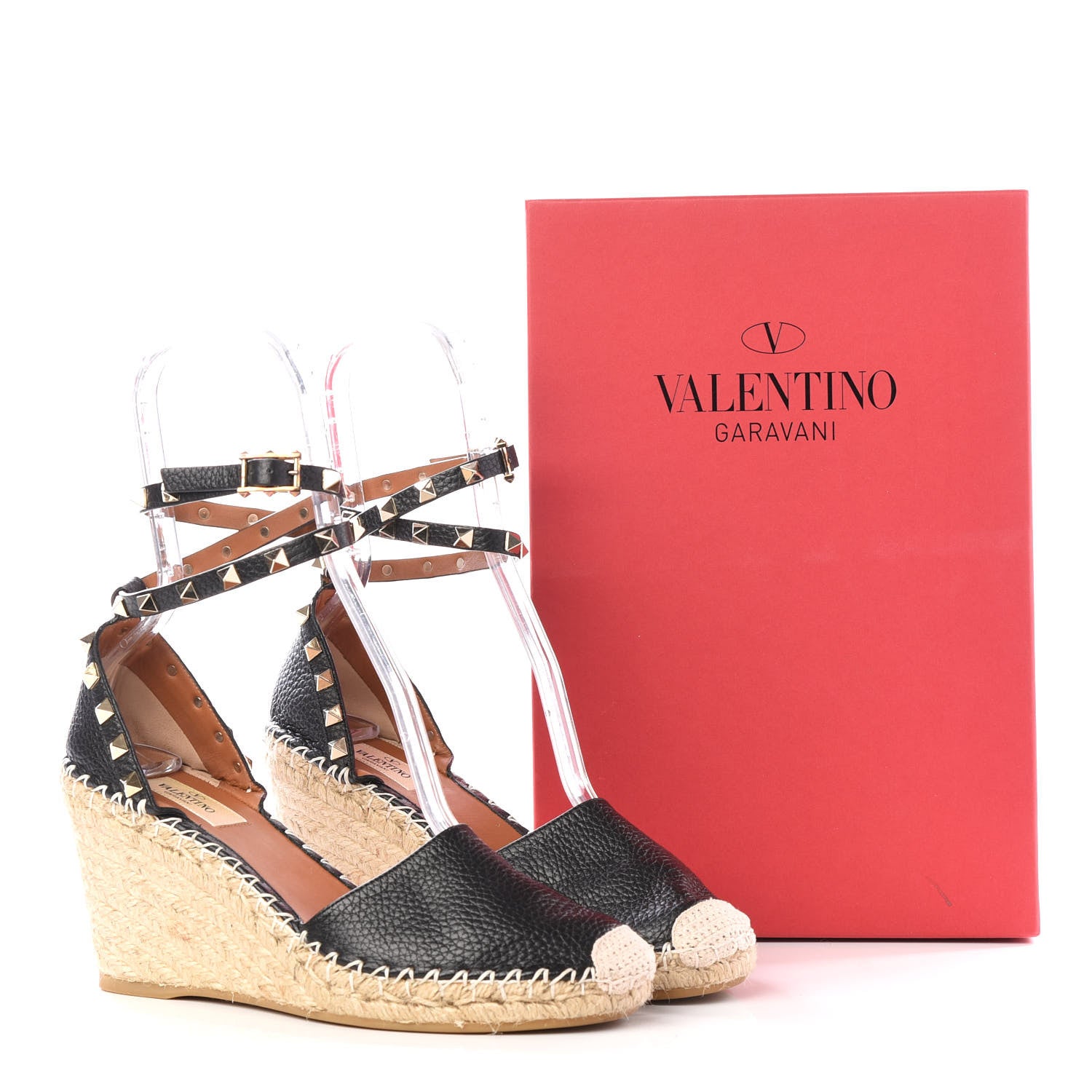 Valentino Garavani Grained Calfskin Rockstud Ankle Wrap Espadrille 15/85mm Wedges 39 Black Light Cuir 9 of 9