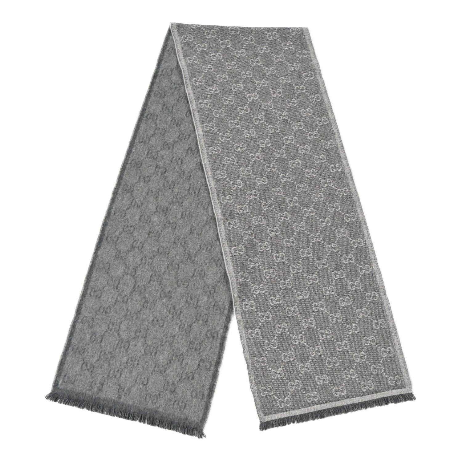 Gucci Wool Jacquard Monogram Fringe Scarf Grey 1 of 3