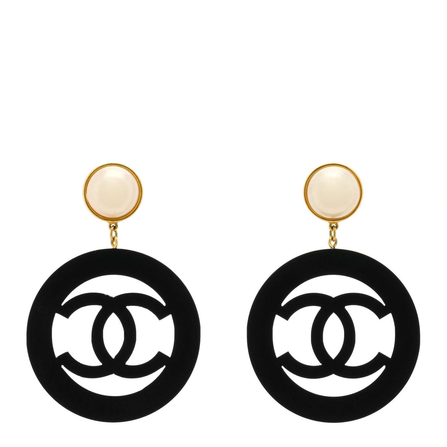 Metal Resin Pearl CC Round Drop Clip On Earrings Gold Black White