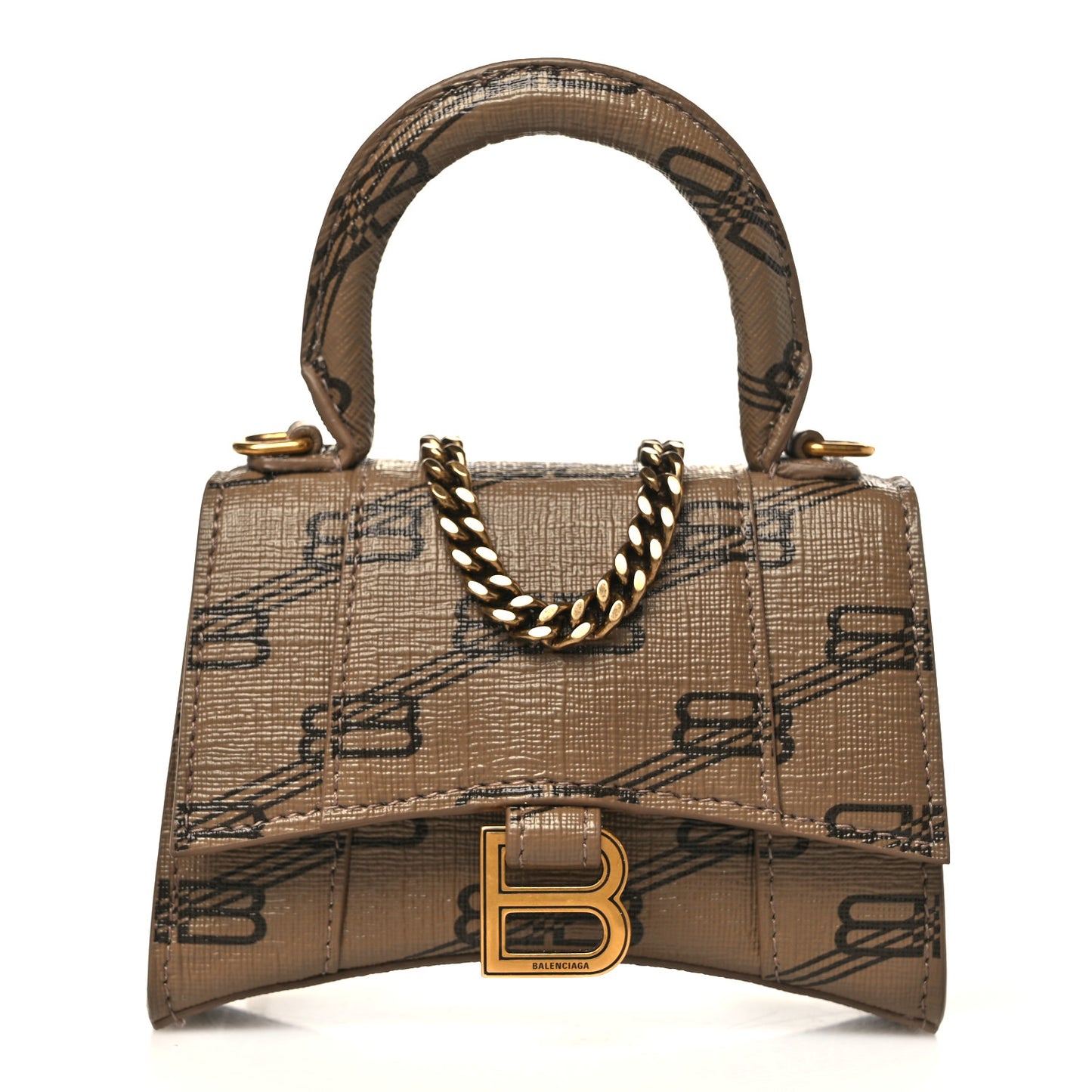 Coated Canvas BB Monogram Hourglass Top Handle Bag Mini with Chain Beige Brown