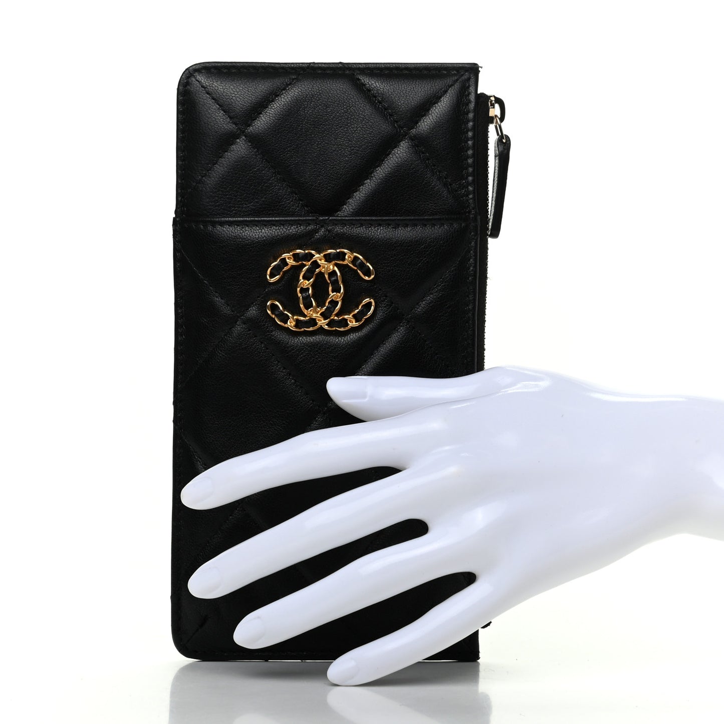 Goatskin Quilted Chanel 19 Phone and Card Holder Black