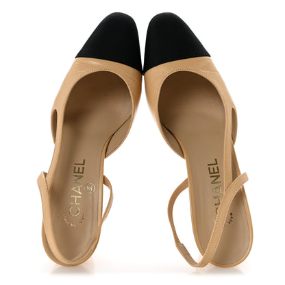 Chanel Goatskin Grosgrain Cap Toe CC Slingback Pumps 38 Beige Black 2 of 10