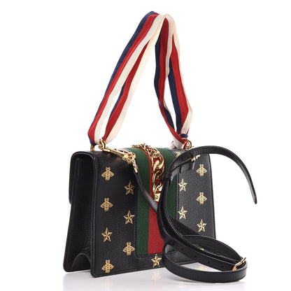 Gucci Textured Calfskin Bee Star Print Small Sylvie Shoulder Bag Black 3 of 10