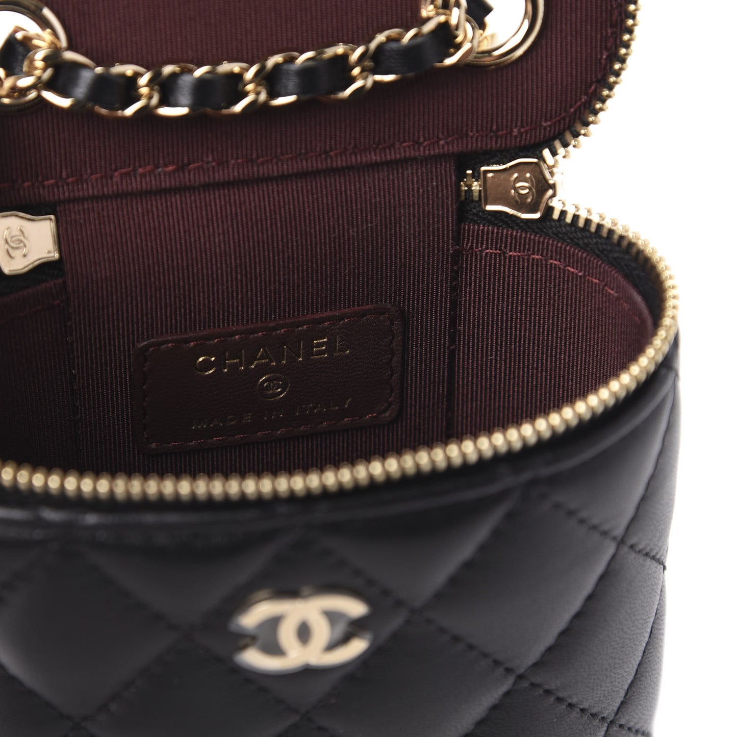 Lambskin Quilted Small Vertical Coco Beauty Vanity Case With Chain Black