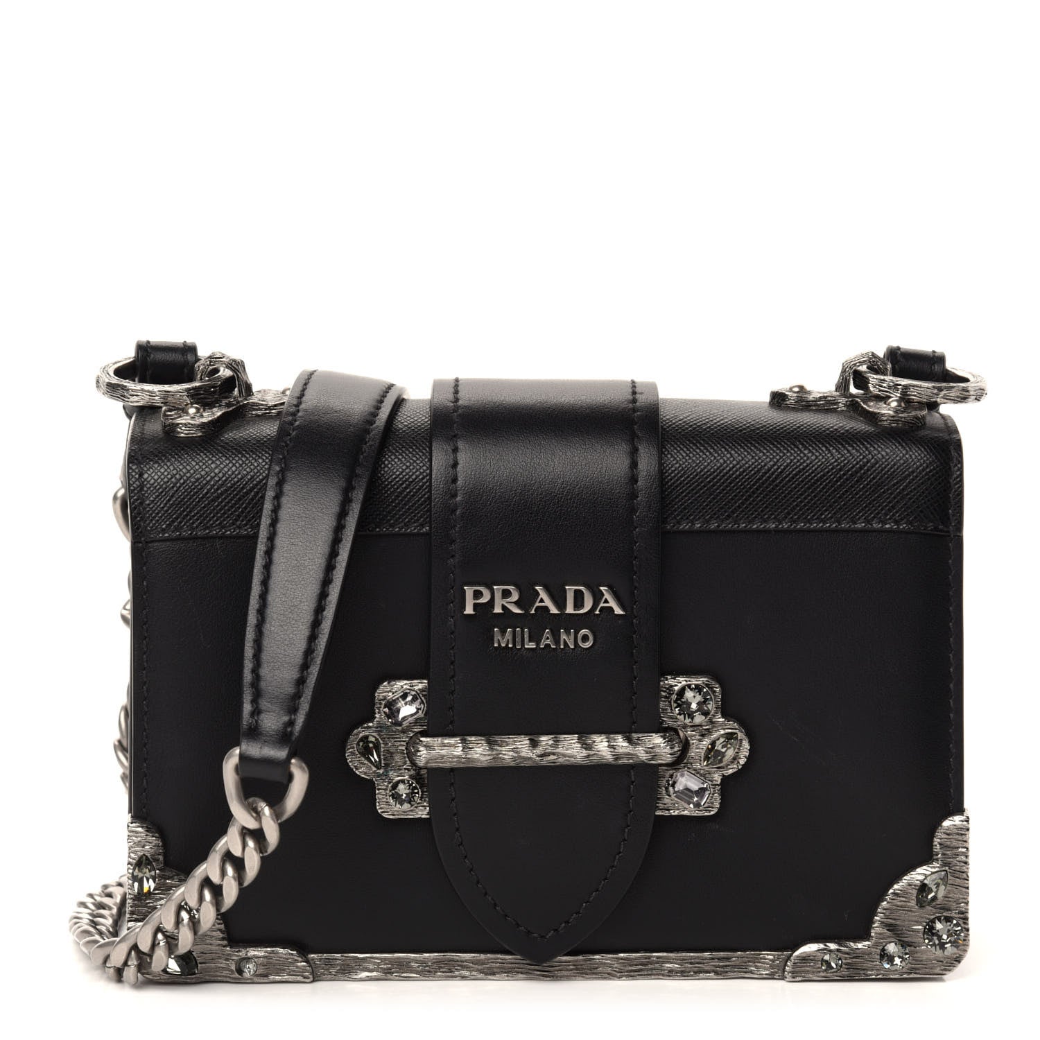 Prada Crystal City Calf Saffiano Cahier Shoulder Bag Black 1 of 9