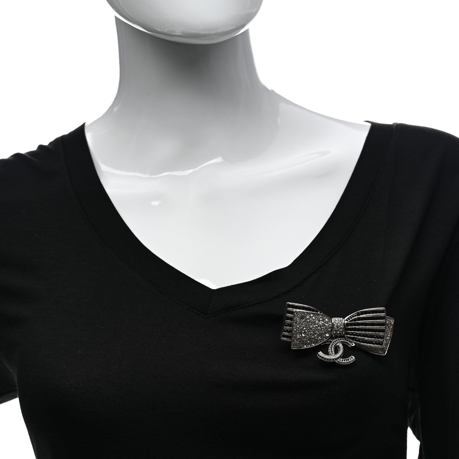 Chanel Crystal CC Bow Brooch Silver Black 2 of 4