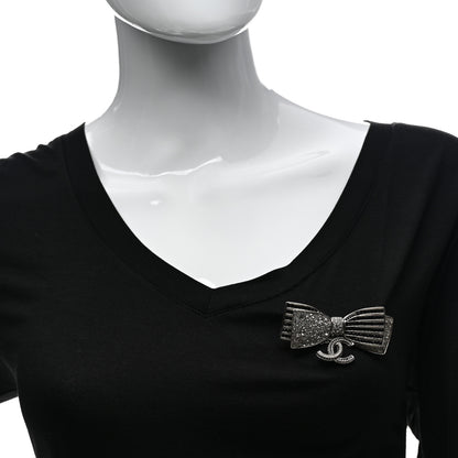 Chanel Crystal CC Bow Brooch Silver Black 2 of 4
