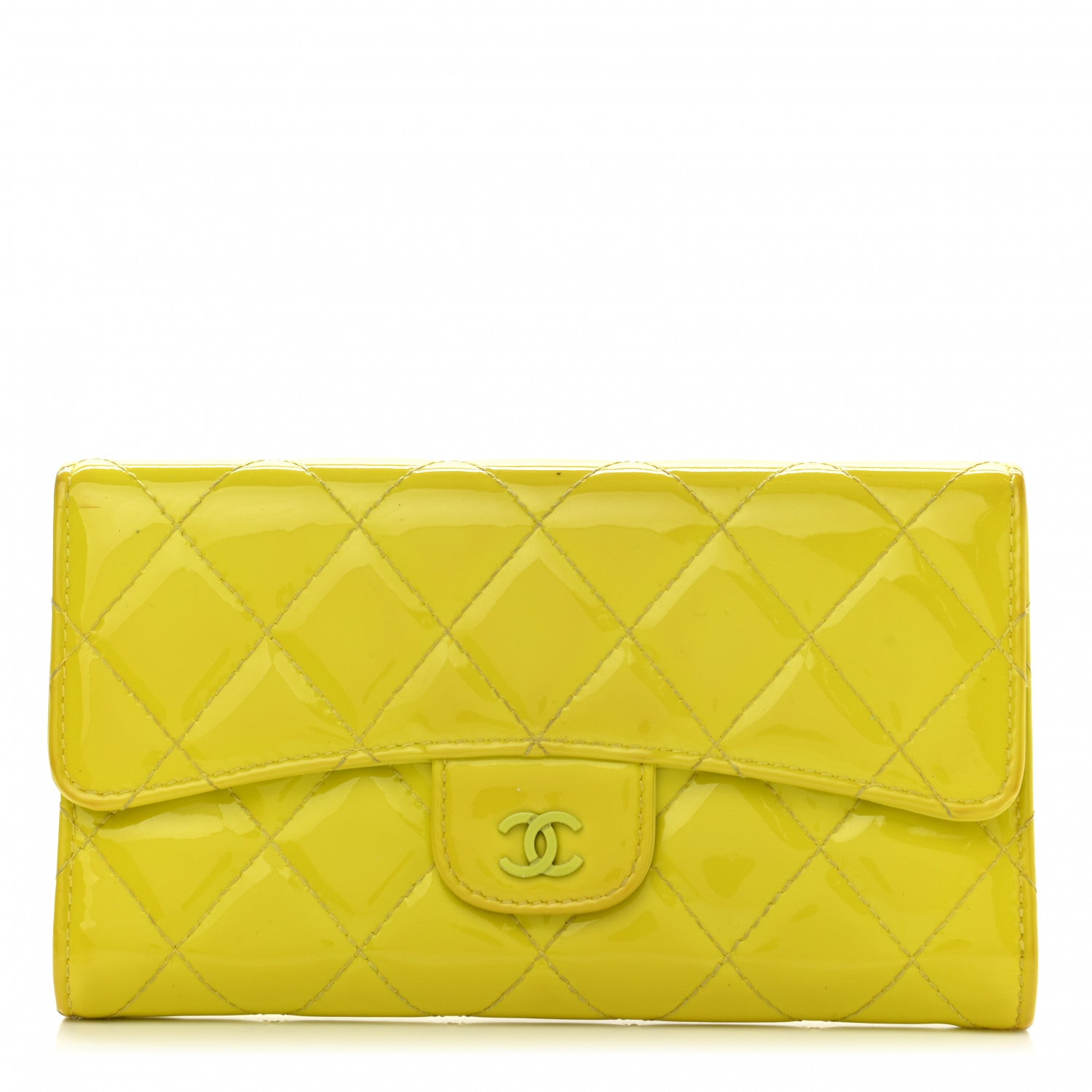 Chanel Patent Quilted Large Gusset Flap Wallet Yellow 1 of 15