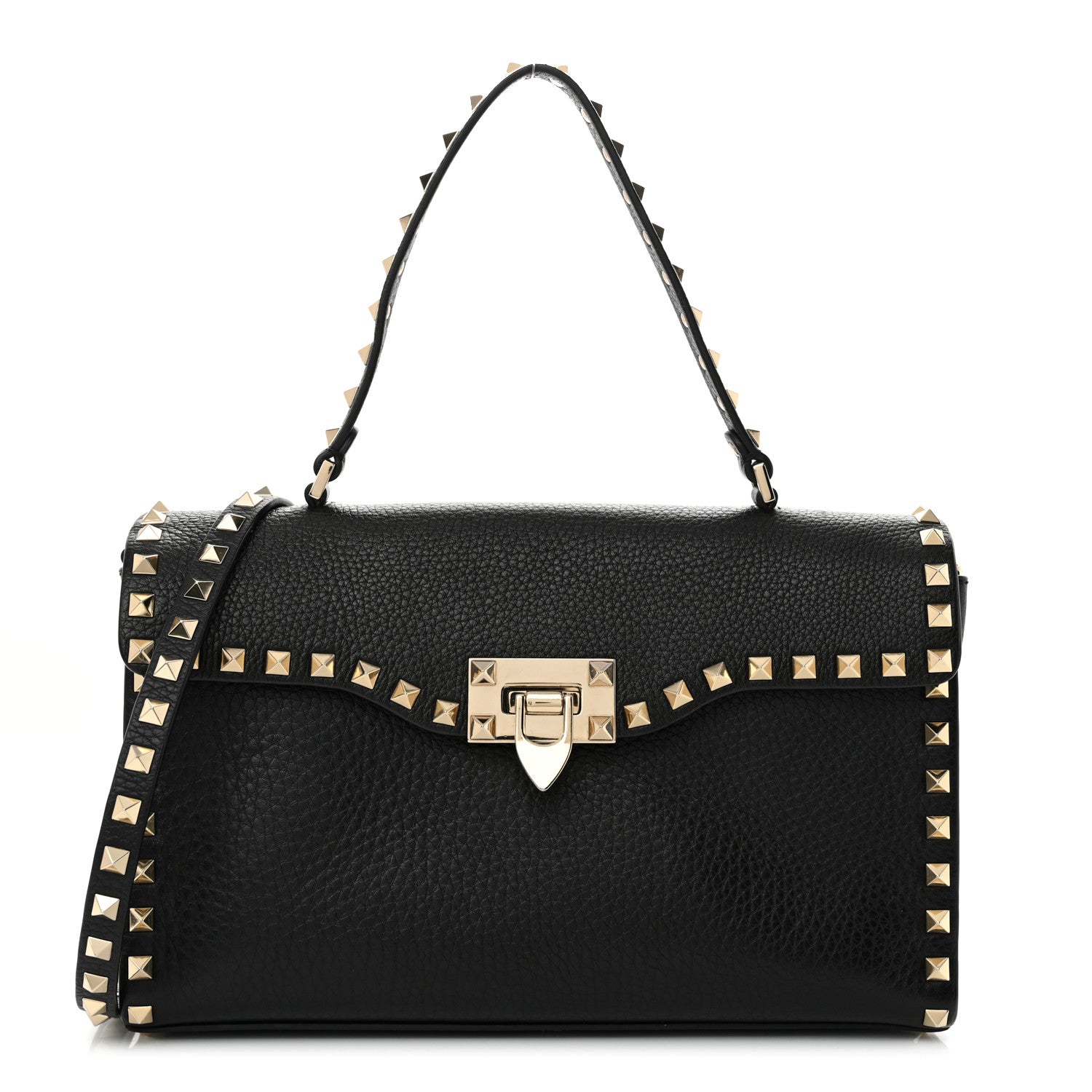 Valentino Garavani Pebbled Calfskin Rockstud Flip Lock Top Handle Bag Black 1 of 9