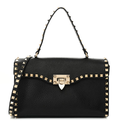 Valentino Garavani Pebbled Calfskin Rockstud Flip Lock Top Handle Bag Black 1 of 9