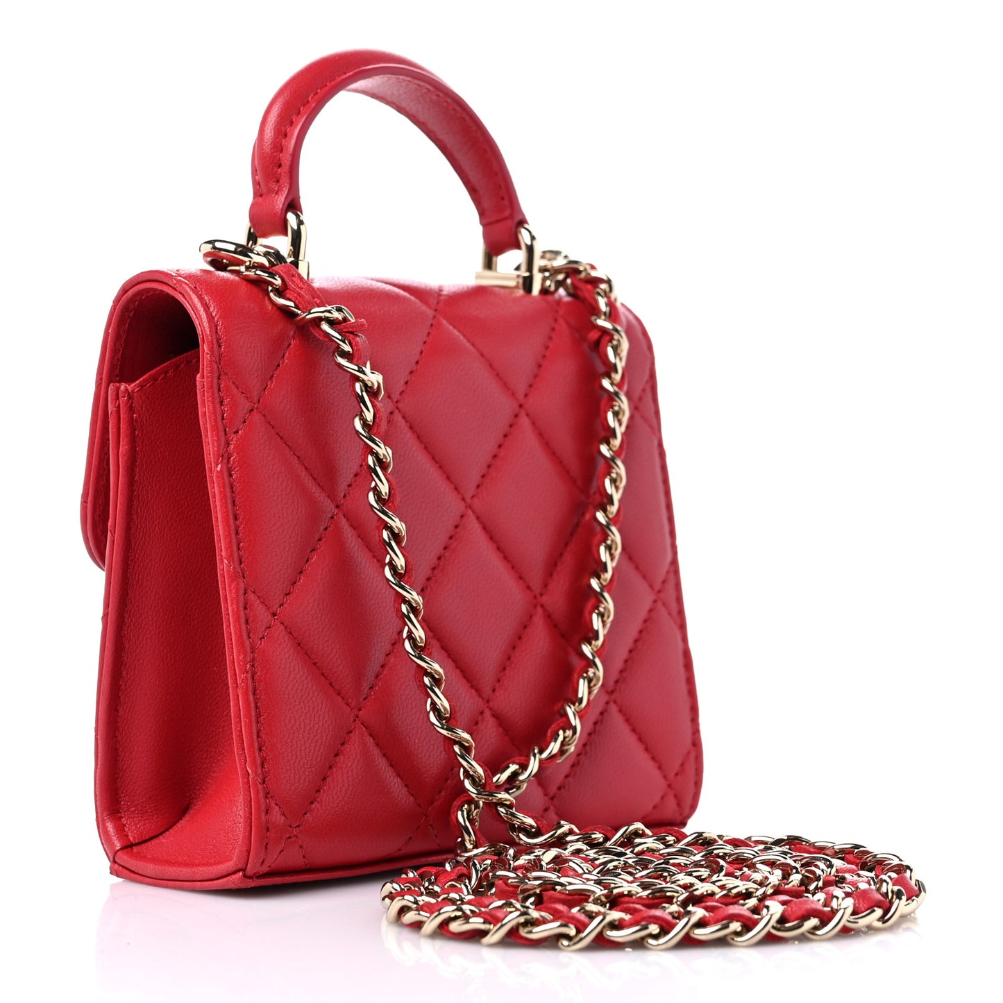 Lambskin Quilted Top Handle Flap Clutch With Chain Red