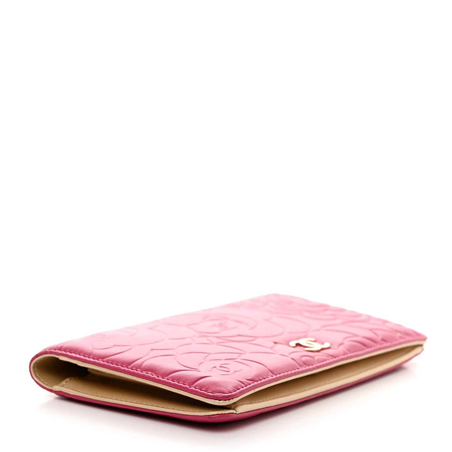 Lambskin Camellia Embossed Yen Wallet Fuchsia