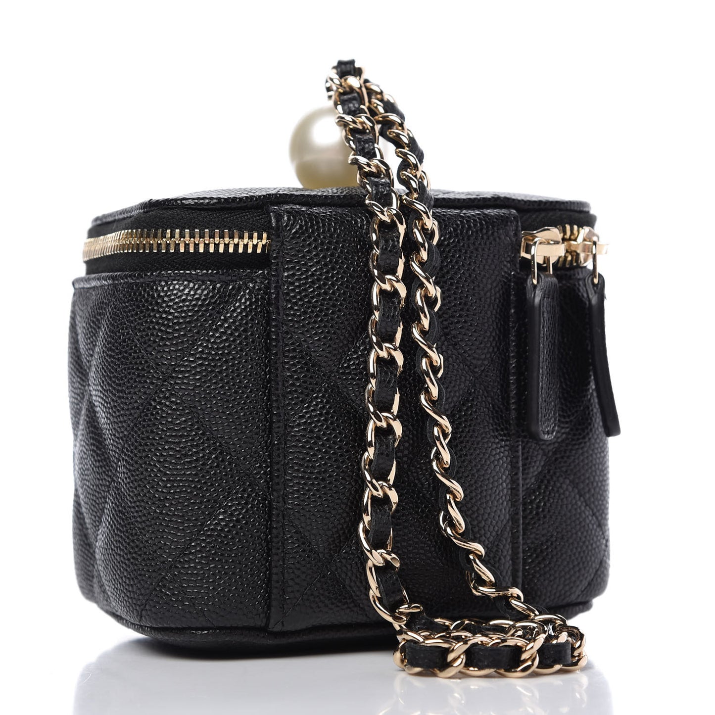 Caviar Quilted Mini Pearl On Top Vanity Case With Chain Black