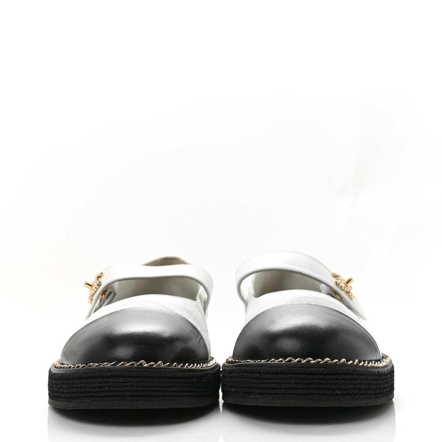Crumpled Lambskin Cap Toe Chain CC Turnlock Mary Jane Flats 40 White Black