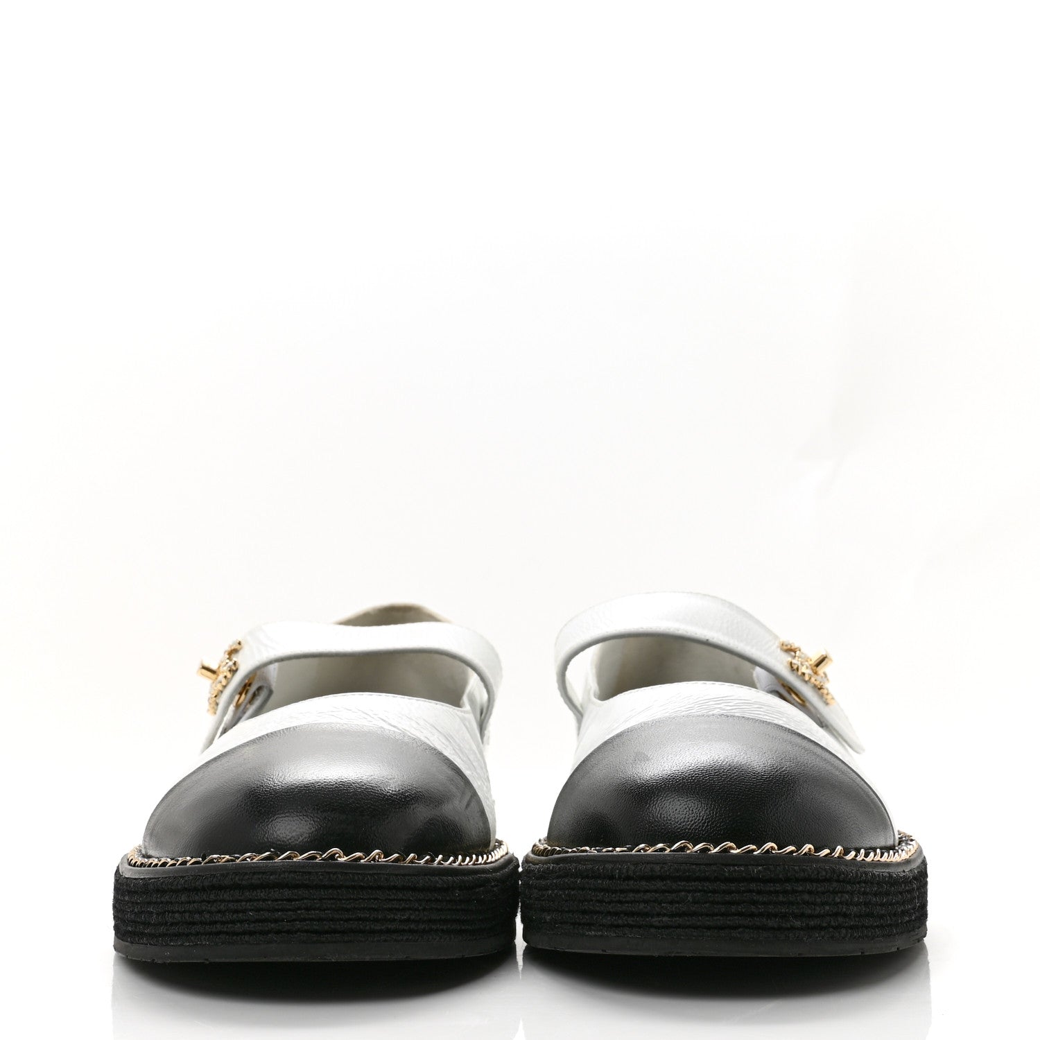 Chanel Crumpled Lambskin Cap Toe Chain CC Turnlock Mary Jane Flats 40 White Black 3 of 12