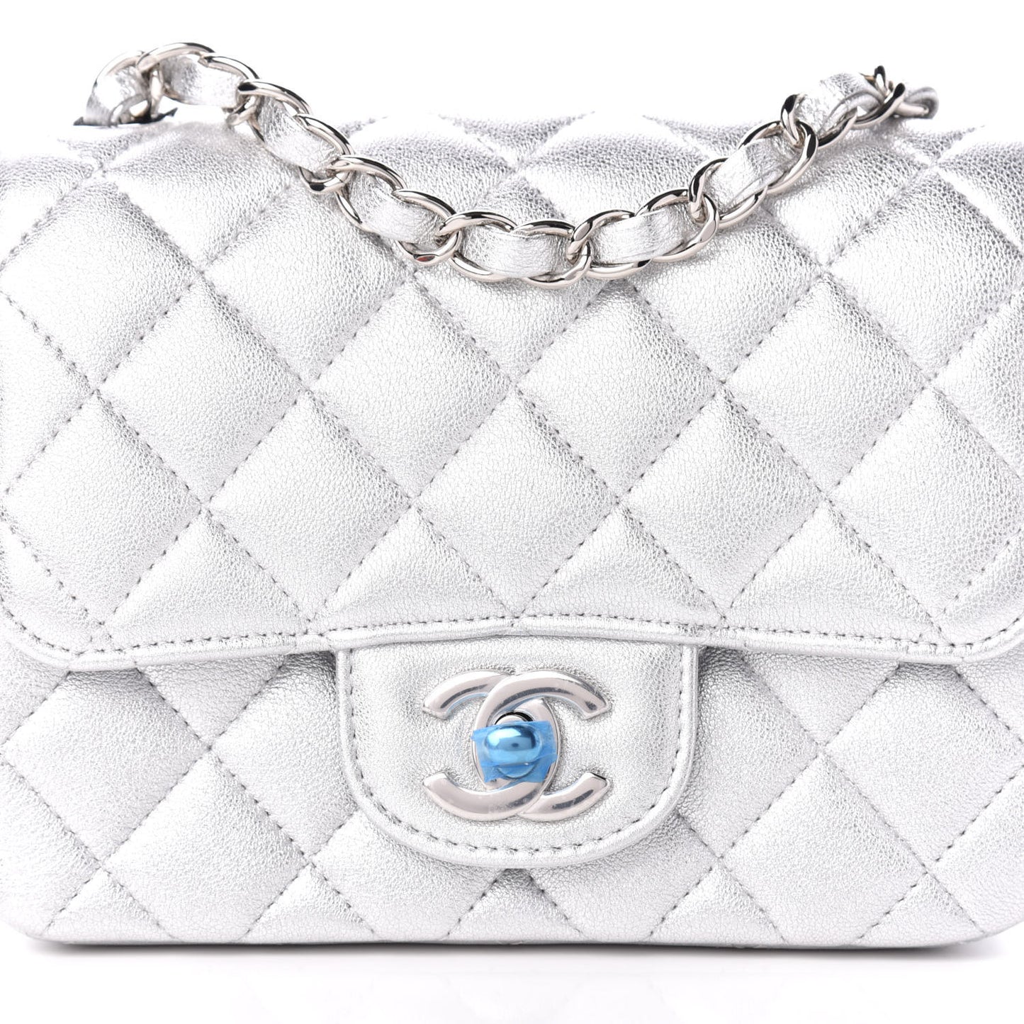 Metallic Lambskin Quilted Mini Square Flap Silver