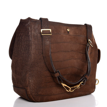Saint Laurent Crocodile Embossed Nubuck Besace Shoulder Bag Brown Sand 3 of 9