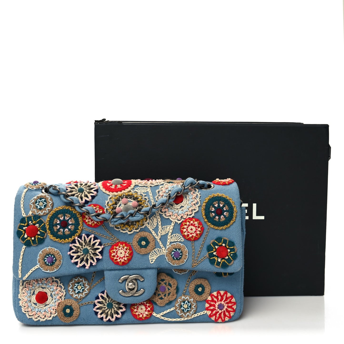 Felt Flower Embroidered Medium Double Flap Blue Multicolor