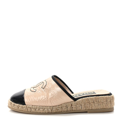 Chanel Crumpled Patent CC Espadrille Mules 35 Beige Black 1 of 9
