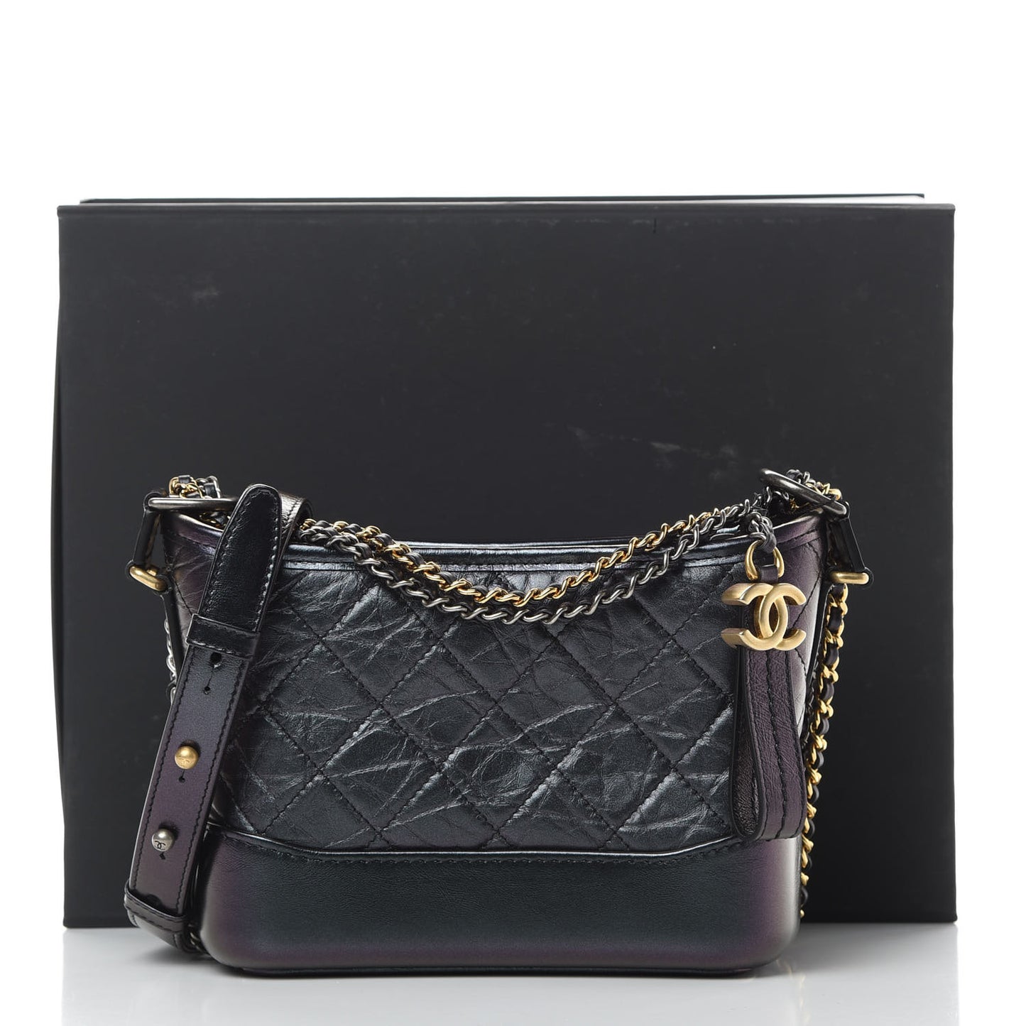 Iridescent Aged Calfskin Quilted Small Gabrielle Hobo Black