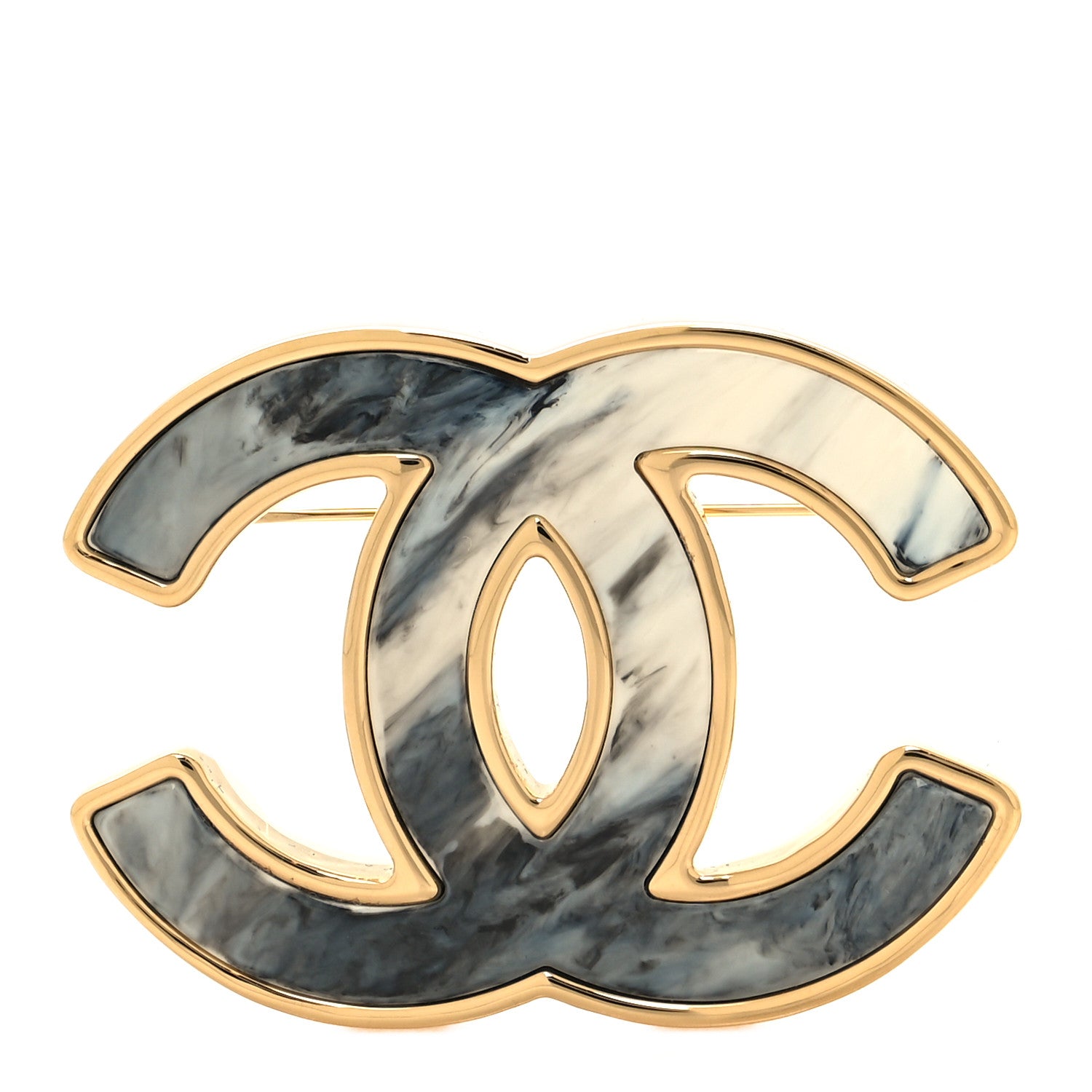 Chanel Metal Resin CC Brooch Gold White Gray 1 of 4