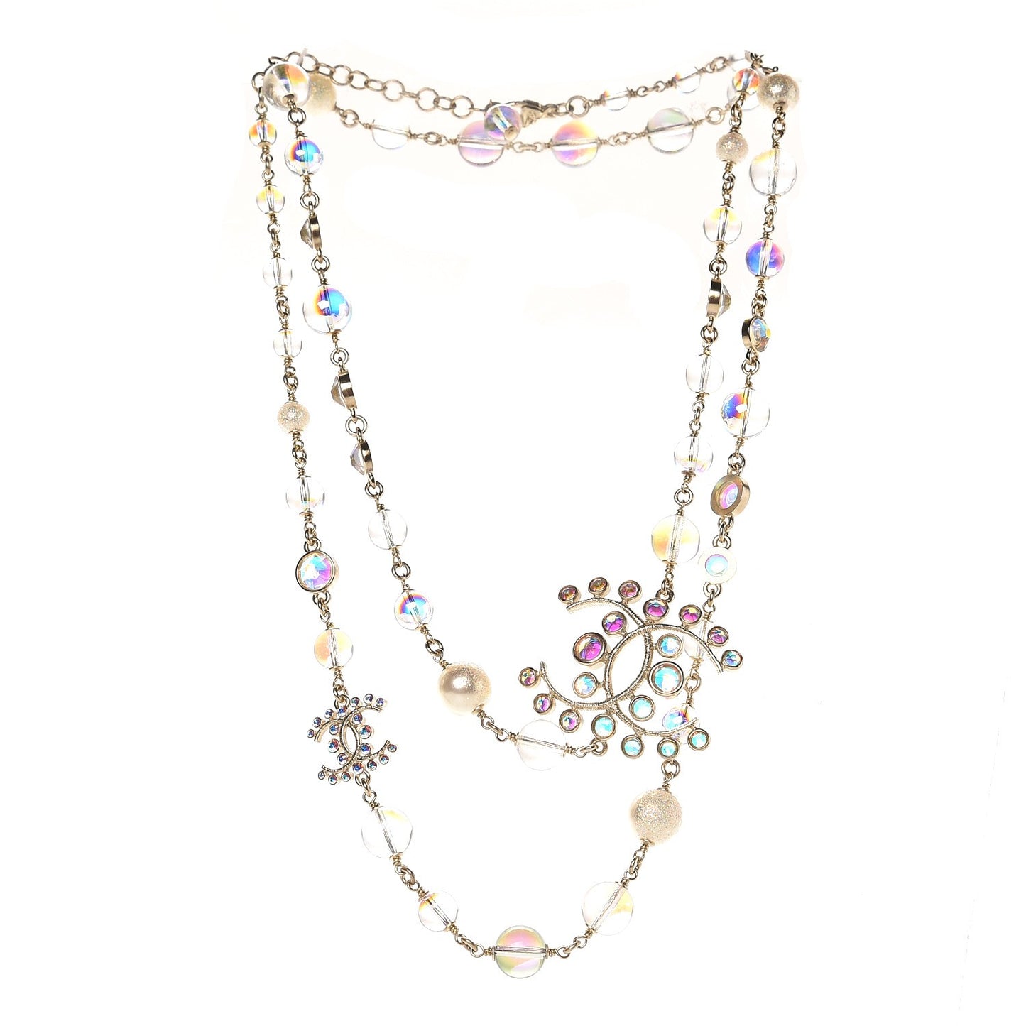 Iridescent Crystal Pearl CC Long Necklace Gold