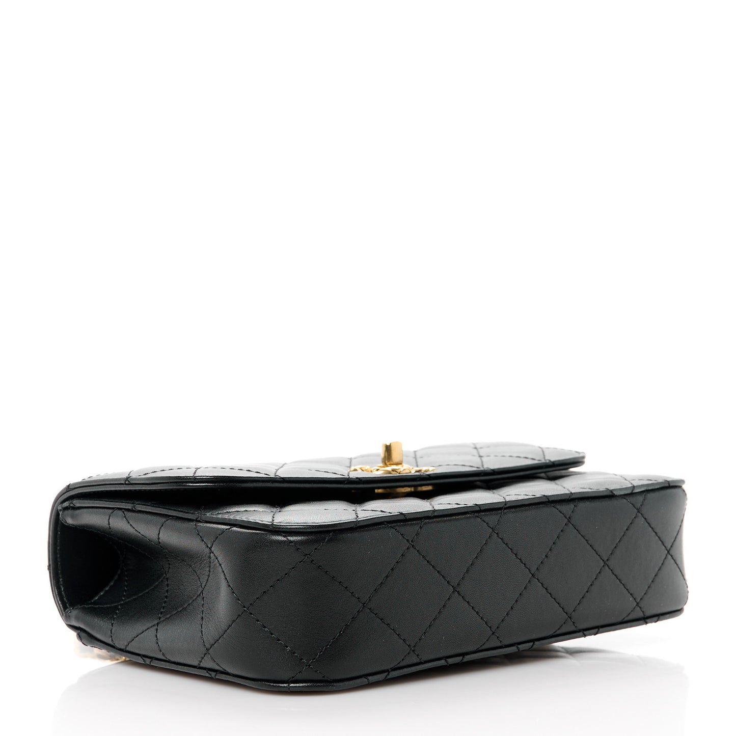 Shiny Calfskin Quilted Small Metal Chain Top Handle Flap Black