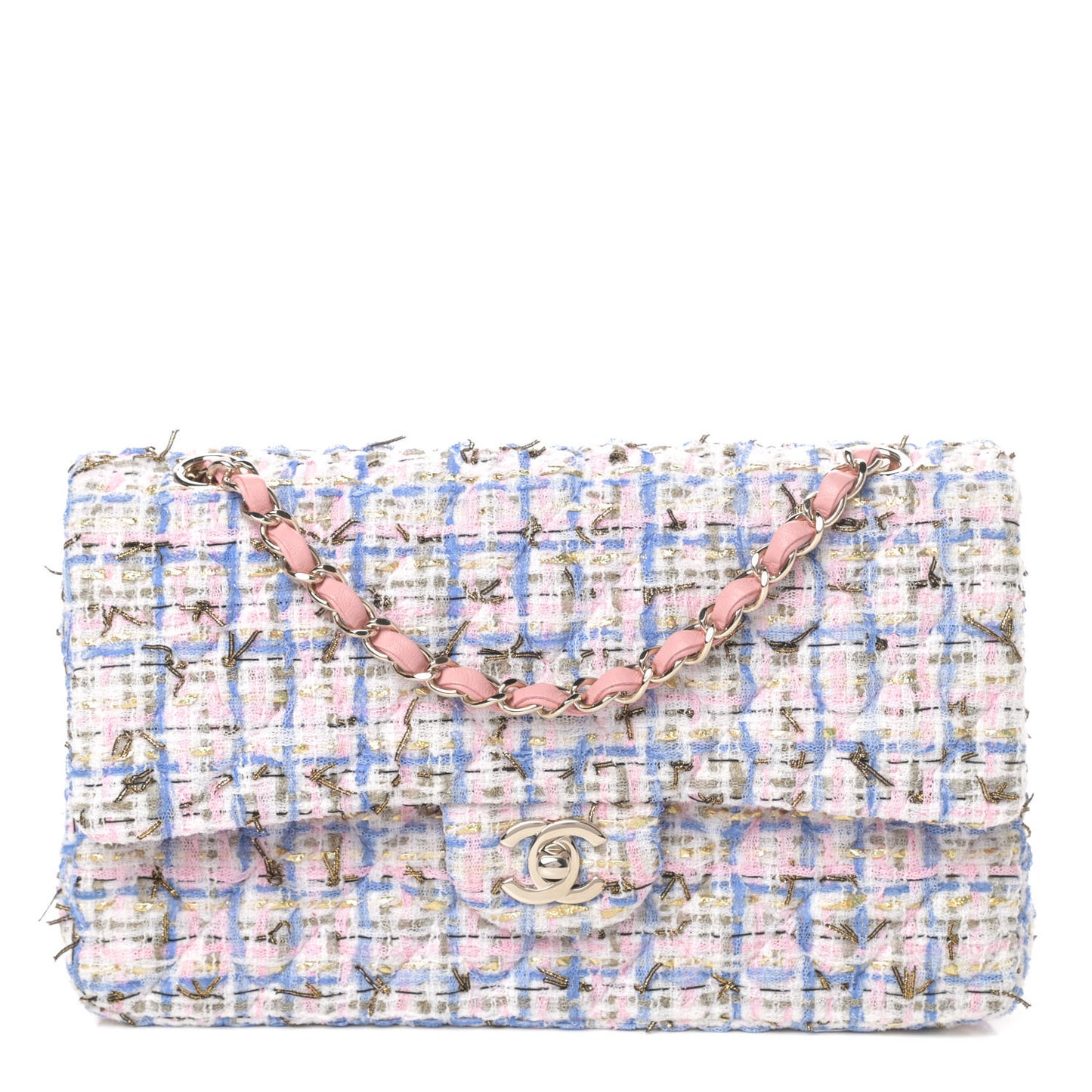 Tweed Quilted Medium Double Flap Blue Pink Gold White