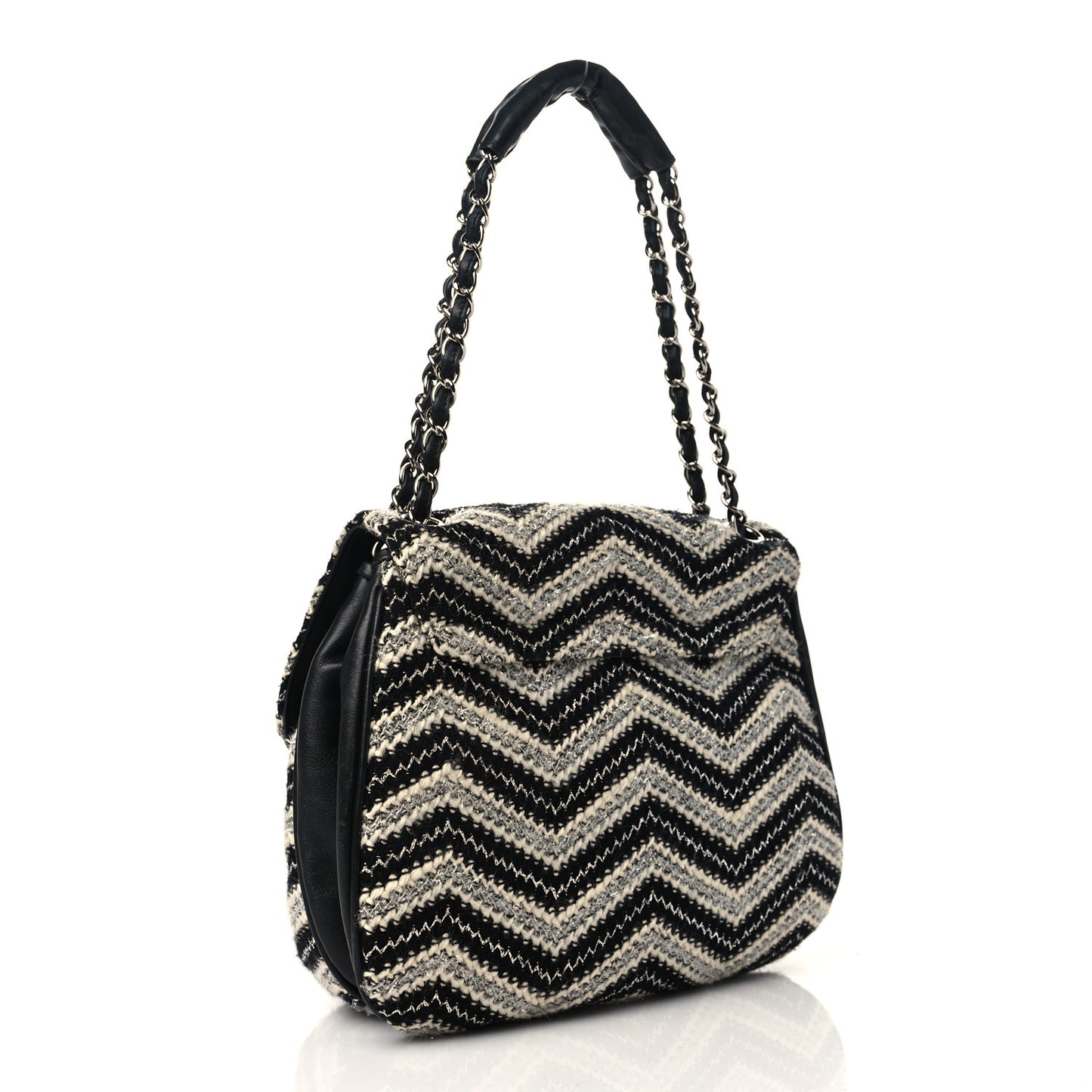 Tweed Chevron Medium Single Flap Black White